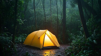 Wall Mural - Yellow camping tent lit from inside in a lush forest during a tranquil rainy evening