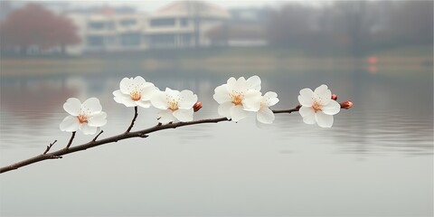 Wall Mural - Delicate Blossom Branch Reaching Over Calm Water