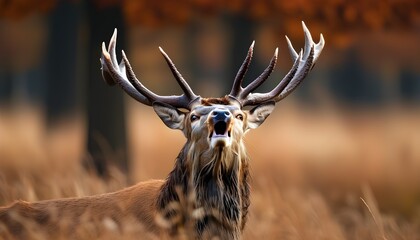 Wall Mural - majestic red deer stag calling in the vibrant colors of autumn during rutting season