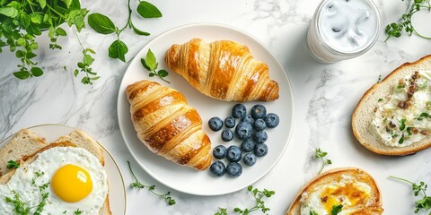 Wall Mural - A delicious breakfast spread featuring fresh croissants and blueberries. Served on a light background, this image conveys a sense of warmth and comfort. Perfect for food lovers. AI