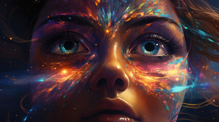 Wall Mural - A face, a young woman with the universe shining through her