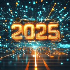 Leinwandbilder - Futuristic digital representation of the year 2025 with glowing numbers and vibrant light effects, perfect for technology themes.