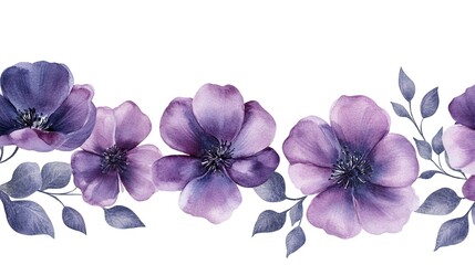 Sticker - White background with isolated purple watercolor flowers creating a seamless border