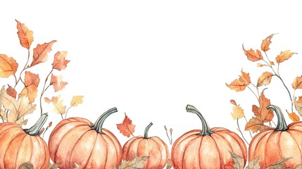 Canvas Print - Watercolor illustration of autumn pumpkins and leaves on white background with copy space -

