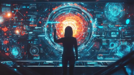 Poster - Using a futuristic digital interface, a silhouetted figure interacts.