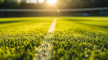 Poster - Vibrant grass tennis court prepped for tournament with freshly cut grass close up