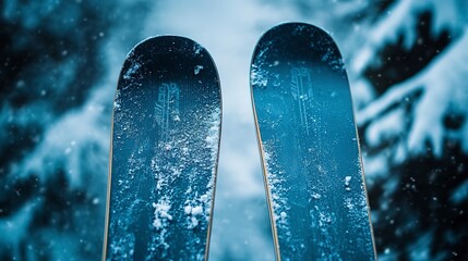 Poster - Two skis stacked on top of each other. Perfect for winter sports enthusiasts or ski equipment advertisements 