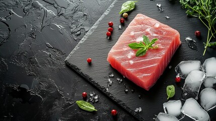 Wall Mural - tuna steak, fresh, raw, close up, new, modern, fish, ice, ice cubes, slate board, slate, background