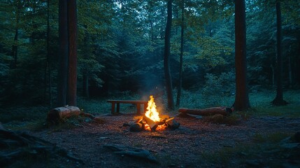 Sticker - Tranquil campfire scene at dusk in a lush forest clearing. The essence of camping and outdoor relaxation.