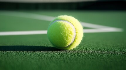 Wall Mural - tennis ball on the green court with white lines 