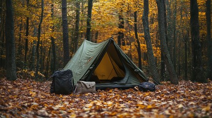 Wall Mural - Survival kit and tent in autumn forest for tourist camping