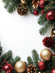 festive Christmas frame with evergreen branches, red and gold ornaments, pinecones, and berries arranged around a white background.