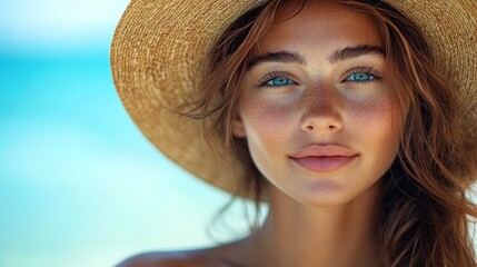 A young woman enjoys the warmth of a summer day, radiating natural beauty by the ocean