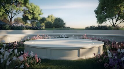 The image shows a serene garden with circular flower beds, surrounded by trimmed shrubs and a statue in the background, creating a peaceful atmosphere. .Generative AI	