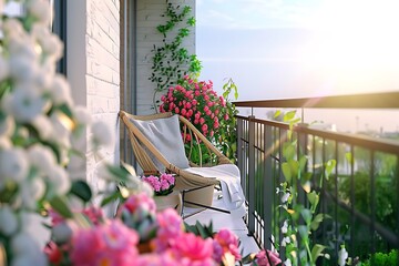 Balcony of a private house with wooden terrace and flowers