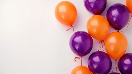 Purple and orange balloons on a white background, with space for personalized birthday wishes.