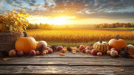 Wall Mural - Rustic Fall Harvest with Pumpkins, Apples, and Pinecones on a Wooden Table Against a Golden Sunset Field