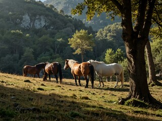 Wall Mural - Horses and mares under the Atxak of Itxina in Gorbeia Natural Park.