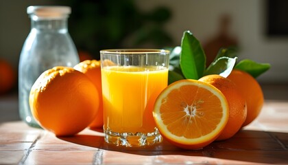 Wall Mural - Vibrant orange juice and fresh oranges in a cozy kitchen, celebrating healthy living and the richness of vitamins from natures bounty