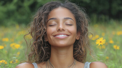 Young woman with curly hair smiles in a field of flowers.