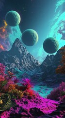 Poster - A vibrant, surreal landscape featuring mountains and planets in a colorful cosmic scene.