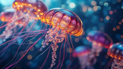 Poster - An illustration in line, triangle, and particle style makes jellyfish seem alive.