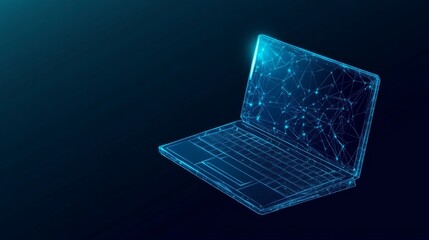 Poster - this 3d graphic concept showcases a low-poly laptop design with a blue geometric background and wire