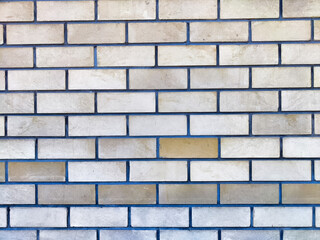 Textured brick wall with varying shades and subtle blue grout lines in natural light