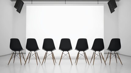 Poster - The modern illustration depicts a photography studio with a blank white backdrop, softbox lights, a camera, tripod, chair, and backdrop.