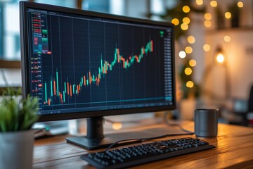 Poster - a modern computer setup displaying stock market trends with colorful charts in a cozy office environ