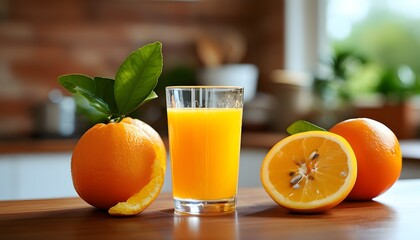 Wall Mural - Vibrant orange juice and fresh oranges in a cozy kitchen, celebrating healthy living and the richness of vitamins from natures bounty