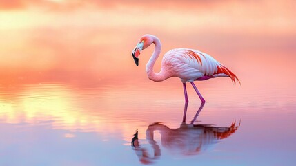 Canvas Print -   A flamingo standing in water with beak in mouth, reflection in water