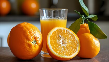 Vibrant orange juice and fresh oranges in a cozy kitchen, celebrating healthy living and the richness of vitamins from natures bounty