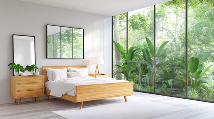 Poster - Modern Bedroom with Large Glass Windows and Greenery