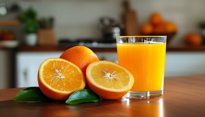 Wall Mural - Vibrant orange juice and fresh oranges in a cozy kitchen, celebrating healthy living and the richness of vitamins from natures bounty