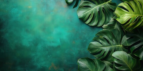 Wall Mural - Lush Green Leaves on Teal Background Surface