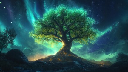 Wall Mural - A luminous tree under a starry sky with vibrant colors and ethereal atmosphere.