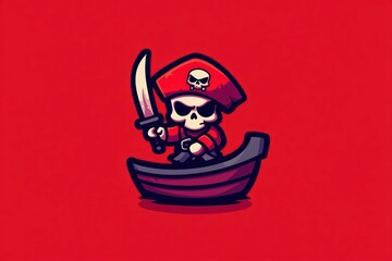 Sticker - Cartoon Pirate Skull Mascot Character in a Boat