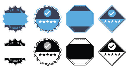 Poster - Blue badges, labels, and seals in various shapes, including stars and check marks, suitable for branding and promotional purposes. These designs convey trust and quality.