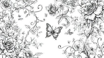 Poster -   Black and white illustration depicting roses and a butterfly against white backdrop with surrounding greenery Border consists of leaves and blossoms