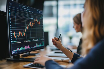 Poster - A professional analyzing stock market trends on a computer screen in a modern office setting during the workday