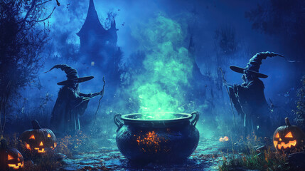 A witch's cauldron is filled with a green smoke