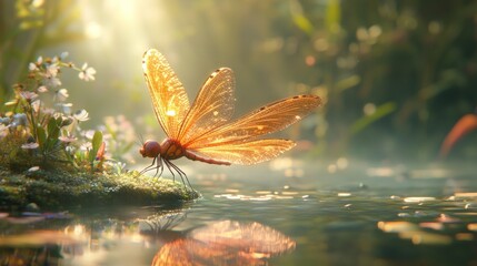 A dragonfly perched on a rock by a pond with sunlight shining through its wings.