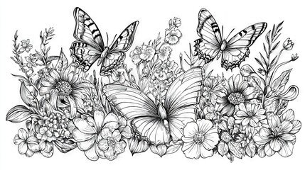 Poster -   A black-and-white illustration featuring butterflies on top and bottom of flowers