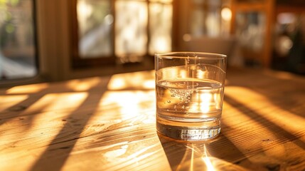 Poster -   A glass of water sits atop a wooden table, adjacent to another glass of water resting on the same table