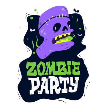 Zombie Party. Cartoon zombie head illustration with bold text, eerie colors and Halloween vibes. Vector file