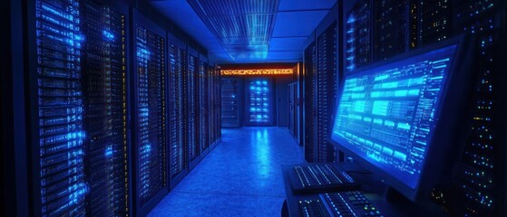 Poster - A dimly lit server room with blue lighting and computer equipment.