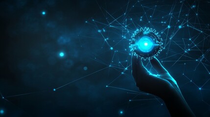 Poster - To represent technical support for software development, a hand holds gears in this futuristic image.