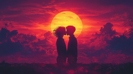 Poster - Silhouettes of a couple kissing at sunset.