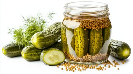 The marinated pickled cucumbers are presented against a white background.